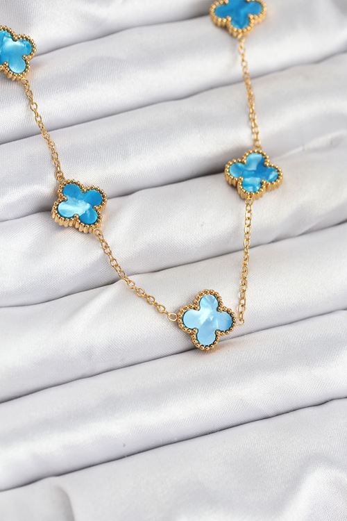 YRTCL 316L Çelik Zincir Gold Buz Mavisi Renk Yonca Kolye