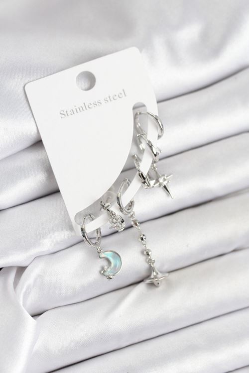 YRTCL Pirinç Gümüş Renk Ay Model Kadın Set Küpe