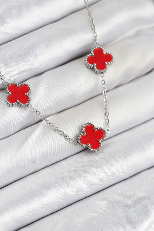 YRTCL 316L Çelik Zincir Gümüş Kırmızı Renk Yonca Kadın Kolye