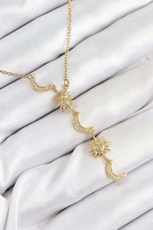 YRTCL 316L Çelik Zirkon Taşlı Güneş Ve Ay Model Gold Renk Kadın Kolye