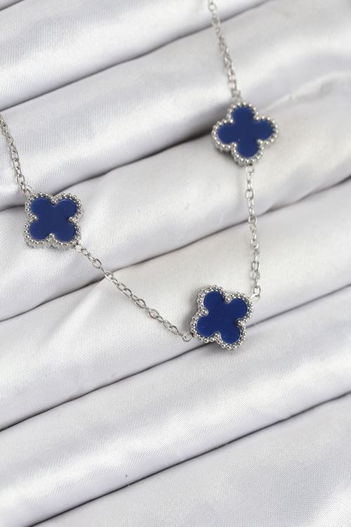 YRTCL 316L Çelik Zincir Gümüş Lacivert Renk Yonca Kadın Kolye