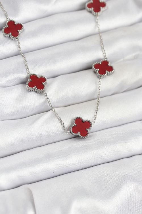 YRTCL 316L Çelik Zincir Gümüş Renk Bordo Renk Yonca Kadın Kolye