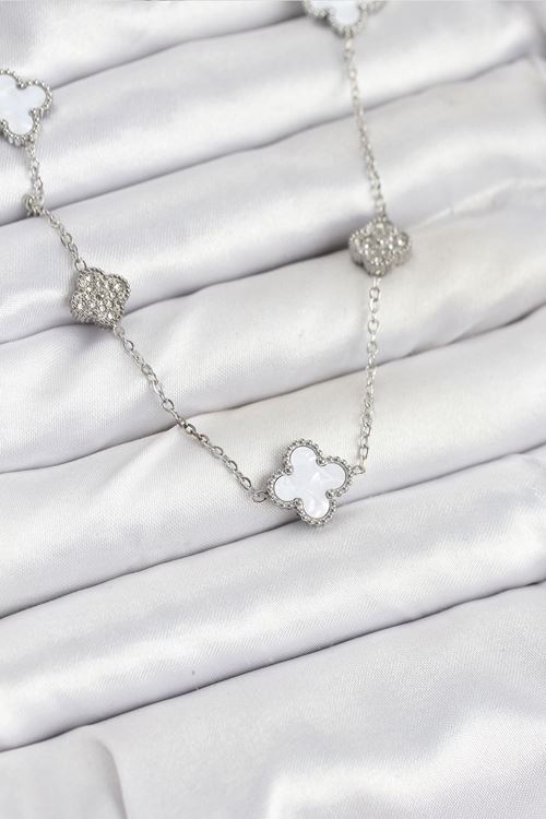 YRTCL 316L Çelik Zincir Gümüş Renk Beyaz ve Zirkon Taşlı Yonca Kadın Kolye