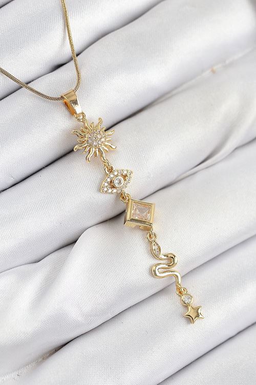 YRTCL 316L Çelik Zirkon Taşlı Güneş Ve Ay Enerji Model Gold Renk Kadın Kolye