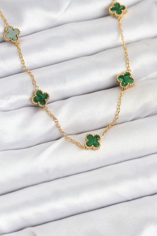 YRTCL 316L Çelik Zincir Gold Renk Yeşil Baby Boy Yonca Kadın Kolye