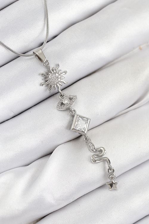 YRTCL 316L Çelik Zirkon Taşlı Güneş Ve Ay Enerji Model Gümüş Renk Kadın Kolye