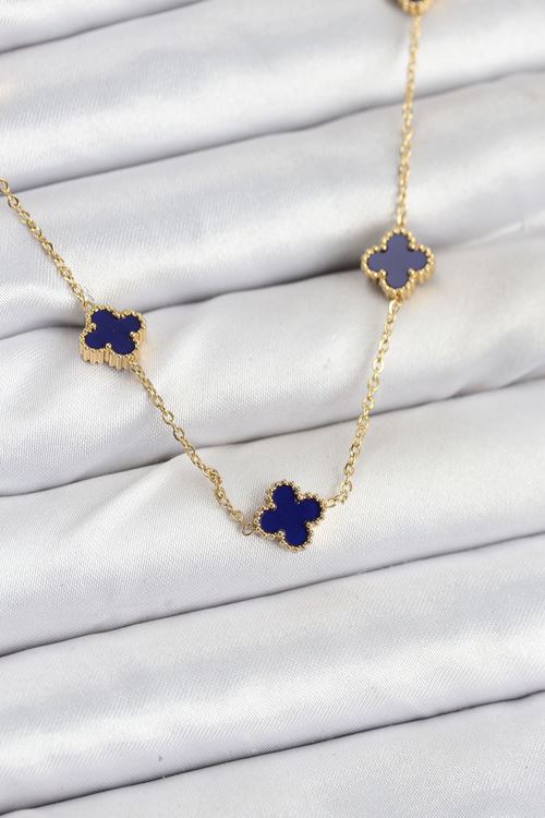 YRTCL 316L Çelik Zincir Gold Renk Lacivert Baby Boy Yonca Kadın Kolye