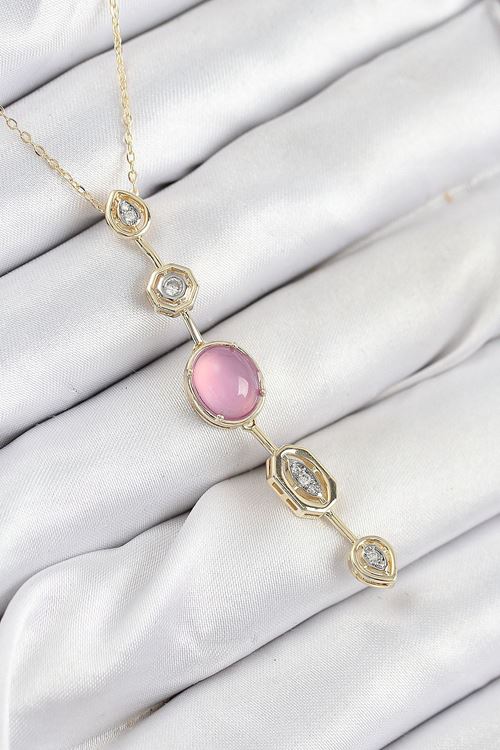 YRTCL Pirinç Zincir Pembe Gold Renk Zirkon Taşlı Y Kolye