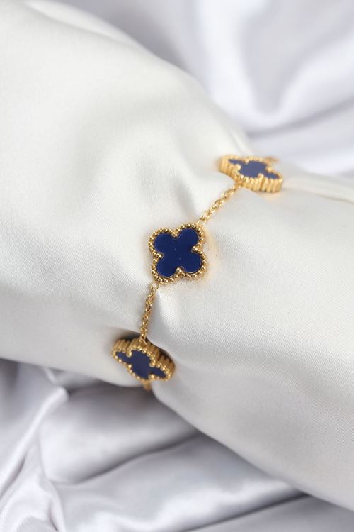 YRTCL 316L Çelik Zincir Gold Renk Lacivert Yonca Kadın Bileklik