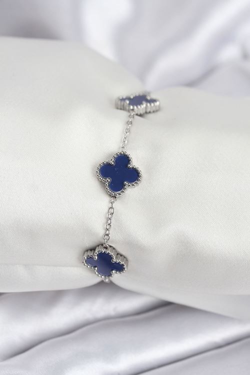 YRTCL 316L Çelik Zincir Gümüş Renk Lacivert Yonca Kadın Bileklik