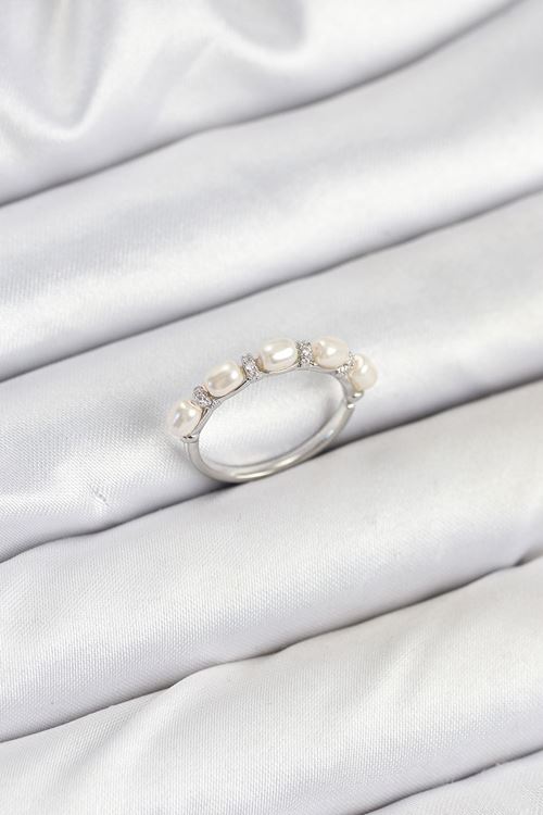 YRTCL Pirinç Gümüş Renk Sıralı İncili Kadın Yüzük