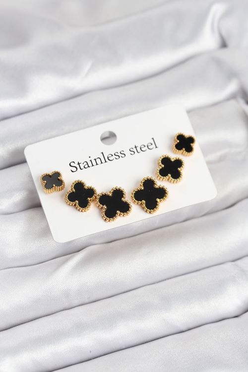 YRTCL 316L Çelik Gold Siyah Renk 3 Boy Yonca Küpe Seti