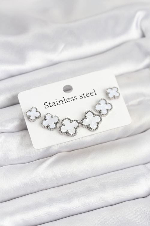 YRTCL 316L Çelik Gümüş Beyaz Renk 3 Boy Yonca Küpe Seti