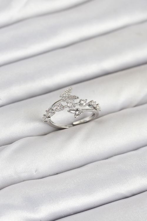 YRTCL Pirinç Gümüş Renk Zirkon Taşlı Kelebek Model Kadın Yüzük