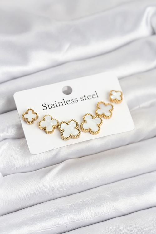 YRTCL 316L Çelik Gold Beyaz Renk 3 Boy Yonca Küpe Seti