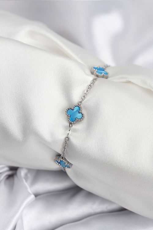 YRTCL 316L Çelik Gümüş Renk Buz Mavisi Baby Boy Yonca Kadın Bileklik