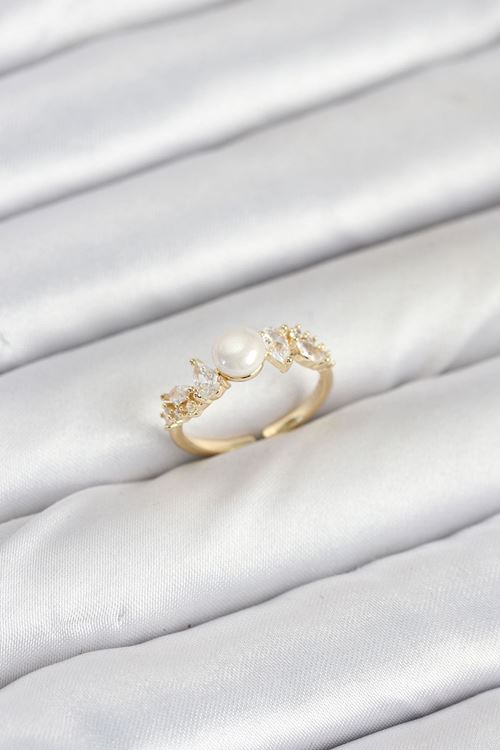 YRTCL Pirinç Gold Renk Zirkon Taşlı İncili Model Kadın Yüzük