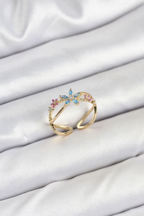 YRTCL Pirinç Gold Renk Zirkon Taşlı Mavi Çiçekli Kadın Yüzük