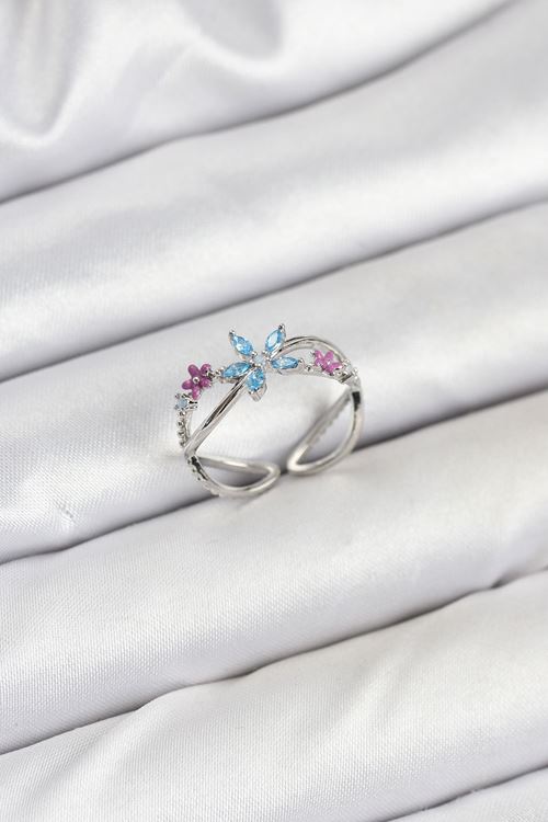 YRTCL Pirinç Gümüş Renk Zirkon Taşlı Mavi Çiçekli Kadın Yüzük