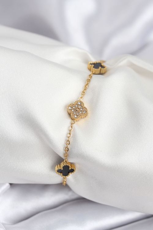 YRTCL 316L Çelik Gold Renk Siyah ve Zirkon Taşlı Baby Boy Yonca Kadın Bileklik
