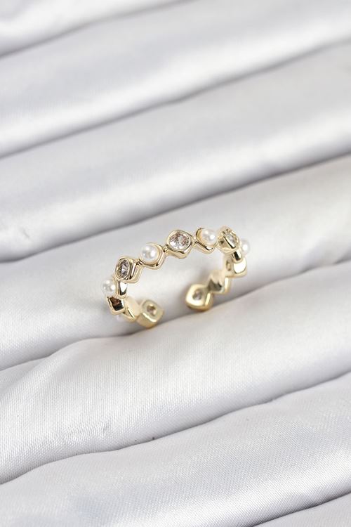 YRTCL Pirinç Gold Renk Zirkon Taşlı İncili Kadın Yüzük