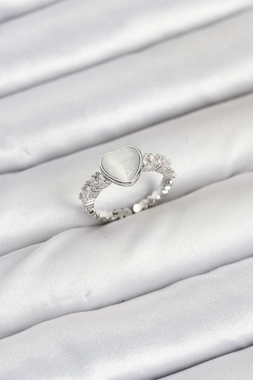 YRTCL Pirinç Gümüş Renk Zirkon Taşlı Kalpli Kadın Yüzük