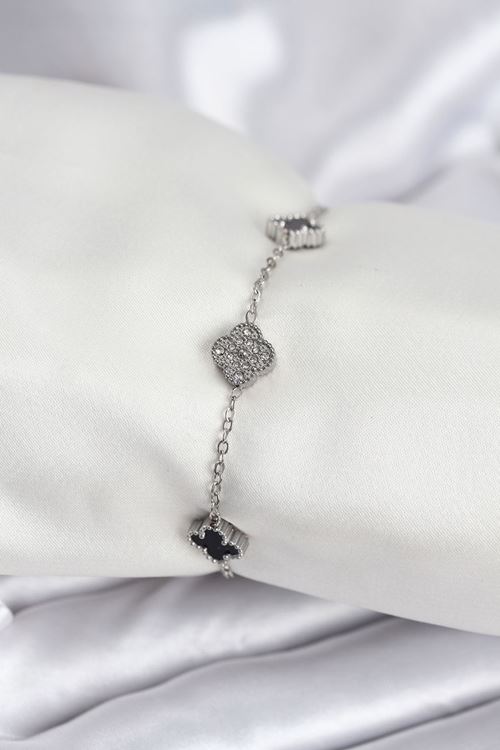 YRTCL 316L Çelik Gümüş Renk Siyah ve Zirkon Taşlı Baby Boy Yonca Kadın Bileklik