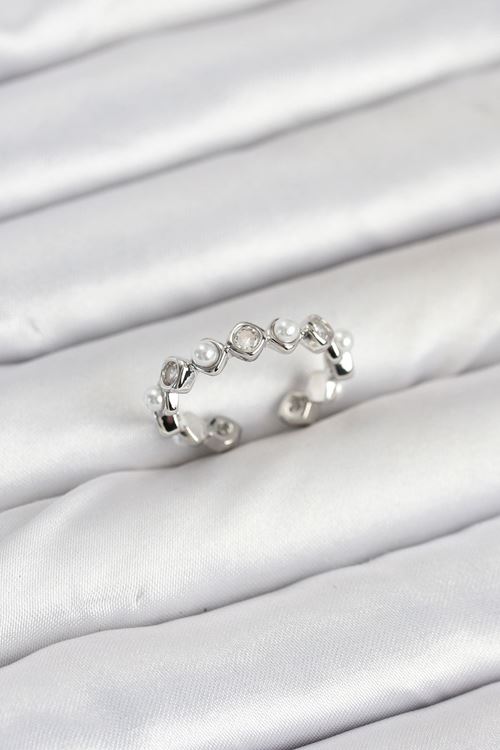 YRTCL Pirinç Gümüş Renk Zirkon Taşlı İncili Kadın Yüzük