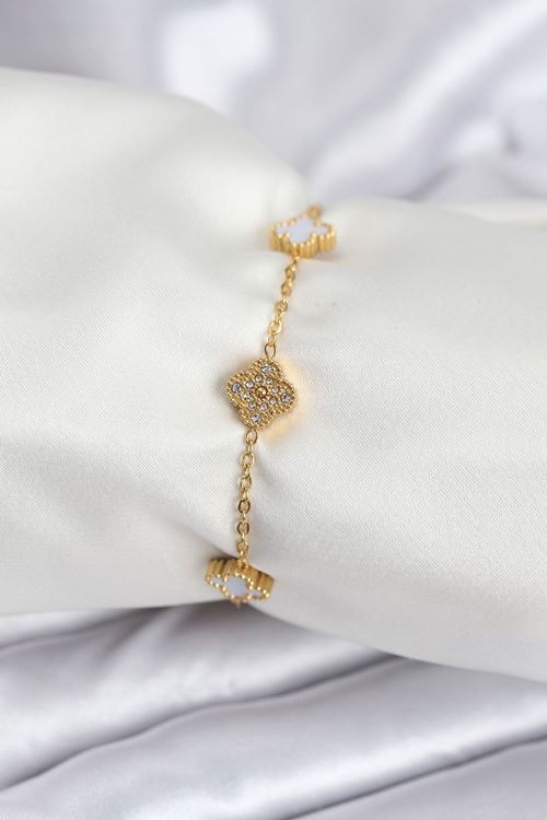 YRTCL 316L Çelik Gold Renk Beyaz ve Zirkon Taşlı Baby Boy Yonca Kadın Bileklik