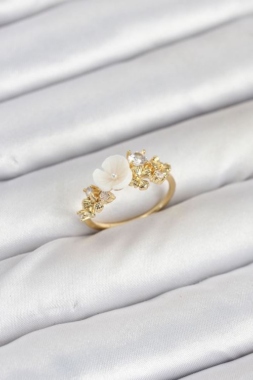 YRTCL Pirinç Gold Renk Çiçek Model Zirkon Taşlı Kadın Yüzük