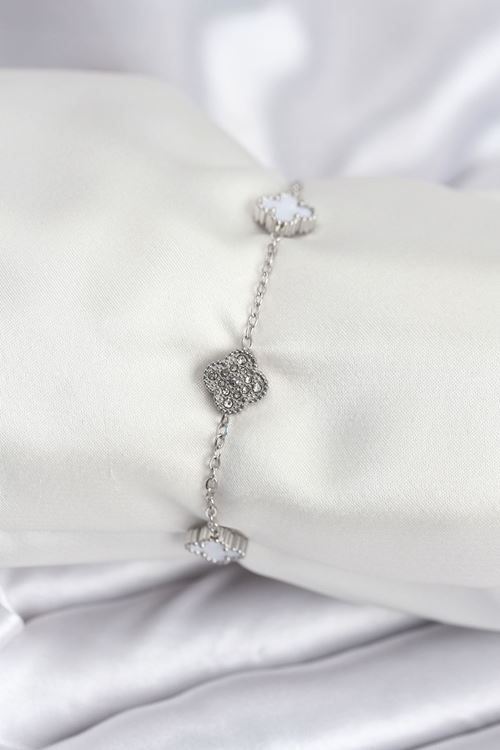 YRTCL 316L Çelik Gümüş Renk Beyaz ve Zirkon Taşlı Baby Boy Yonca Kadın Bileklik