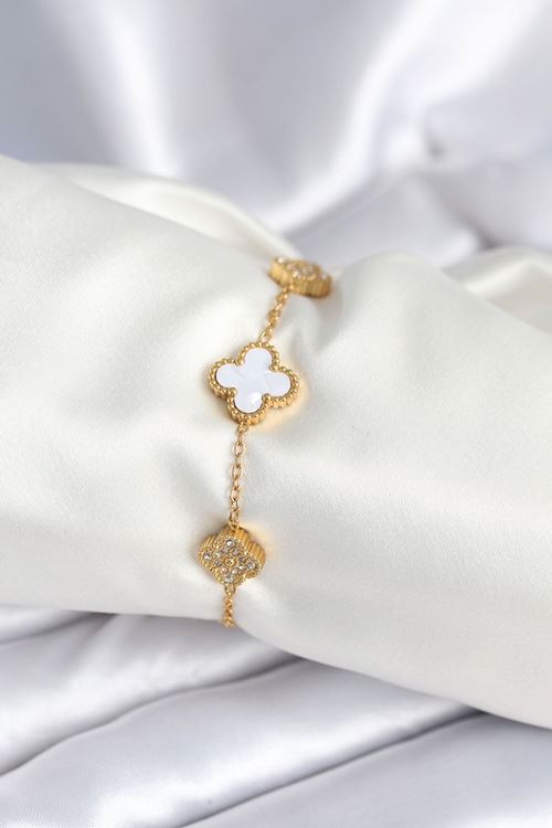 YRTCL 316L Çelik Zincir Zirkon Taşlı Yonca Beyaz Kadın Bileklik