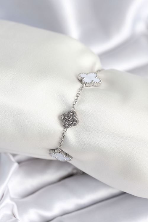 YRTCL 316L Çelik Zincir Gümüş Renk Zirkon Taşlı Yonca Beyaz Kadın Bileklik