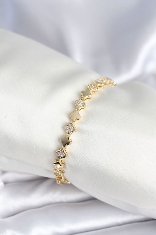YRTCL Pirinç Gold Renk Zirkon Taşlı Yonca Model Kadın Bileklik