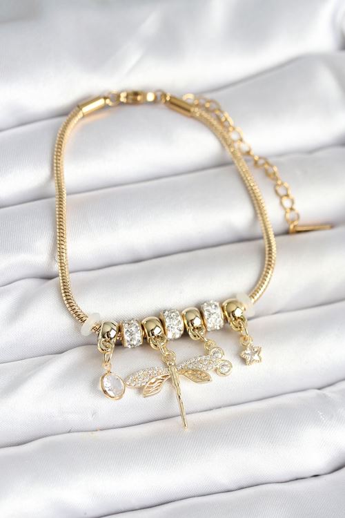 YRTCL Pirinç Gold Renk Yusufçuk Charmlı Kadın Bileklik