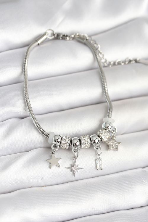 YRTCL Pirinç Gümüş Renk Kutup Yıldızı Charmlı Kadın Bileklik