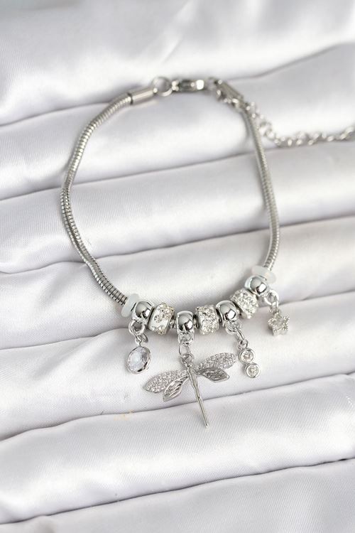 YRTCL Pirinç Gümüş Renk Yusufçuk Charmlı Kadın Bileklik