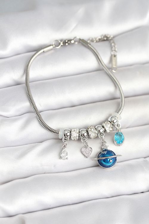 YRTCL Pirinç Gümüş Renk Dünya Charmlı Kadın Bileklik