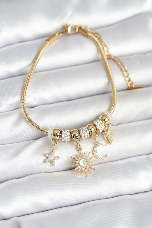 YRTCL Pirinç Gold Renk Ay ve Güneş Charmlı Kadın Bileklik