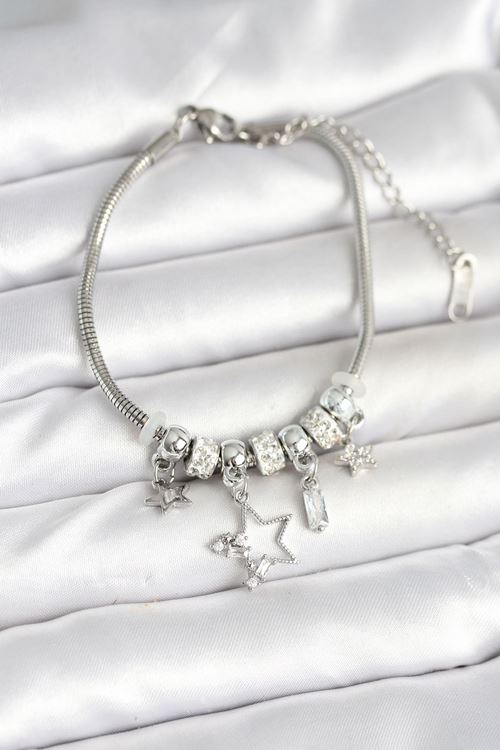 YRTCL Pirinç Gümüş Renk Yıldız Charmlı Kadın Bileklik