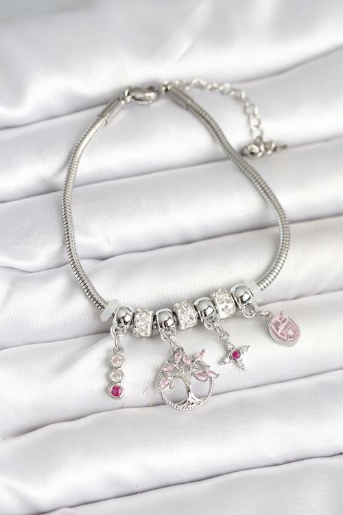 YRTCL Pirinç Gümüş Renk Yaşam Ağacı Charmlı Kadın Bileklik