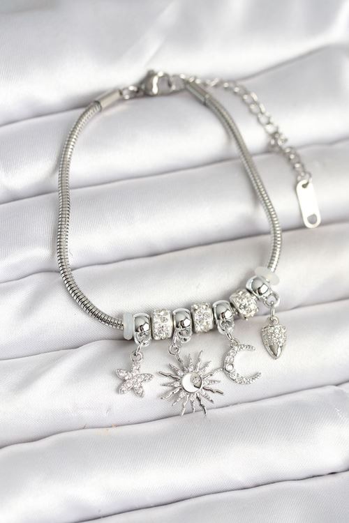 YRTCL Pirinç Gümüş Renk Ay ve Güneş Charmlı Kadın Bileklik