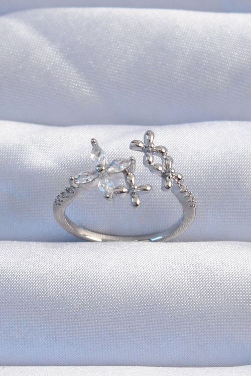 YRTCL Pirinç Gümüş Renk Zirkon Taşlı Çiçek Model Ayarlanabilir Yüzük