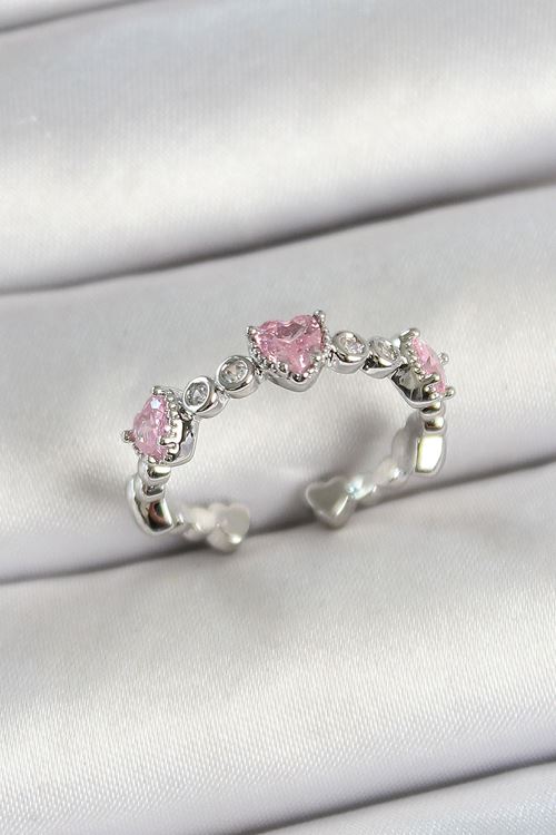 YRTCL Pirinç Sıralı Kalp Figürlü Zirkon Taşlı Gümüş Renk Ayarlanabilir Kadın Yüzük