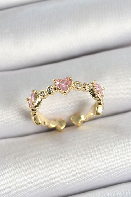 YRTCL Pirinç Sıralı Kalp Figürlü Zirkon Taşlı Gold Renk Ayarlanabilir Kadın Yüzük