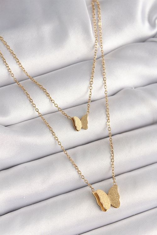 YRTCL 316L Çelik Gold Renk 2'Li Simli Kelebek Model Kadın Kolye