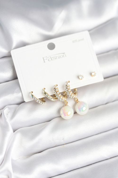 YRTCL Pirinç Gold Renk İncili 925 Ayar Gümüş Çivi Kadın Küpe Seti