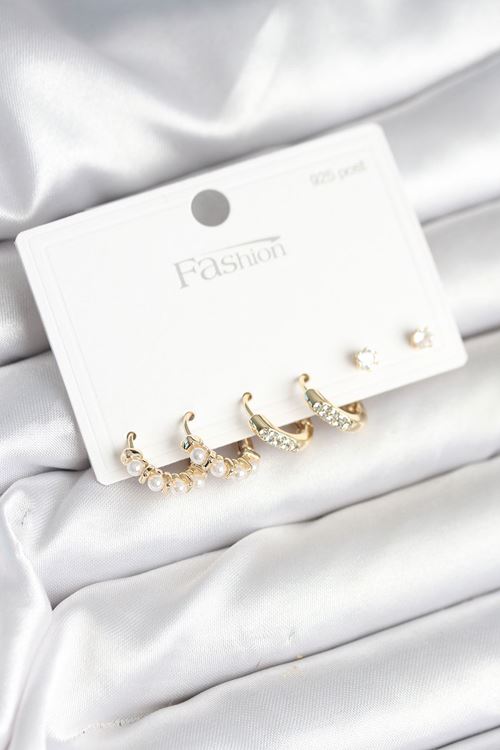 YRTCL Pirinç Gold Renk Zirkon Taşlı ve İncili Model 925 Ayar Gümüş Çivi Kadın Küpe Seti