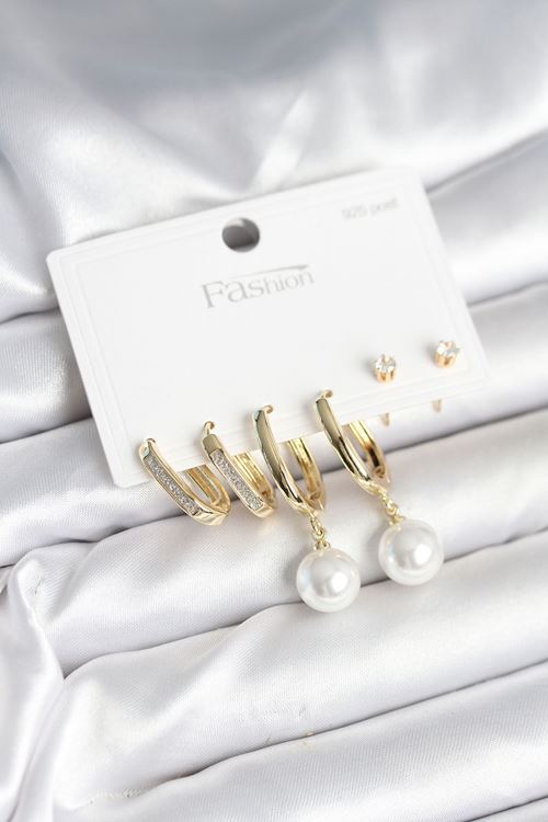 YRTCL Pirinç Gold Renk İnci Detaylı 925 Ayar Gümüş Çivili Kadın Küpe Seti