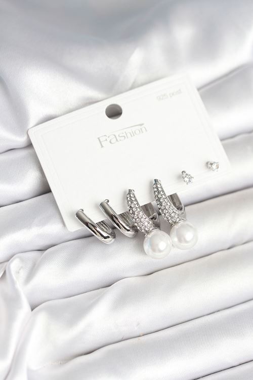 YRTCL Pirinç Gümüş Renk İncili 925 Ayar Gümüş Çivi Kadın Küpe Seti